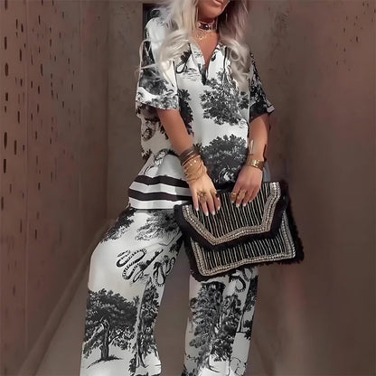Women’s Printed V-Neck Top & Wide-Leg Trousers Set
