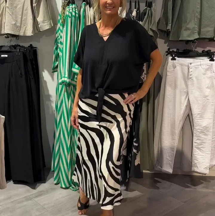 Women's Tie Front Blouse & Zebra Midi Skirt Set