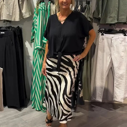 Women's Tie Front Blouse & Zebra Midi Skirt Set