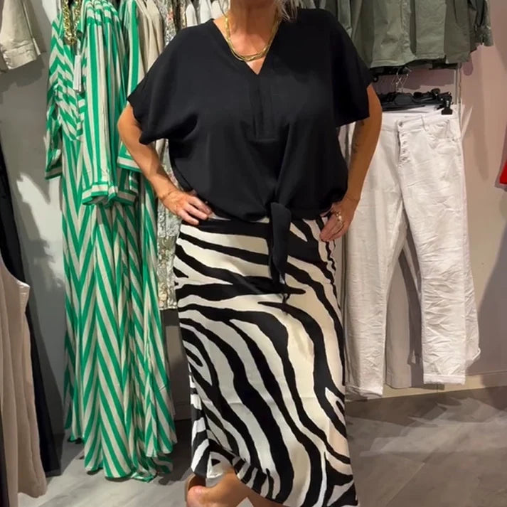 Women's Tie Front Blouse & Zebra Midi Skirt Set