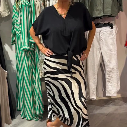 Women's Tie Front Blouse & Zebra Midi Skirt Set