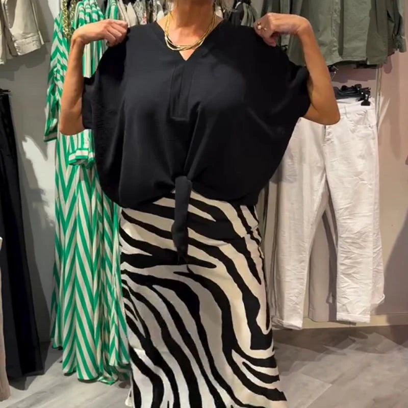 Women's Tie Front Blouse & Zebra Midi Skirt Set