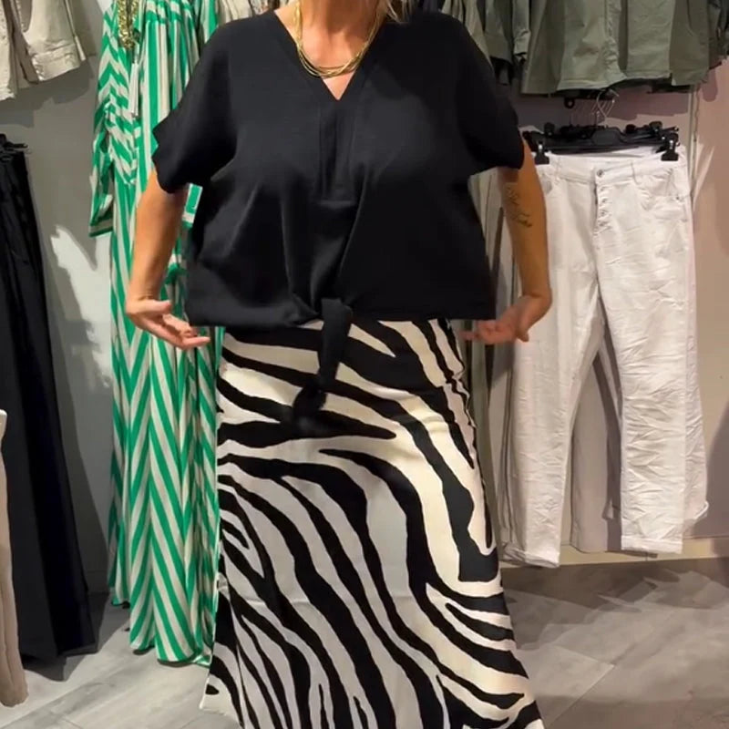 Women's Tie Front Blouse & Zebra Midi Skirt Set