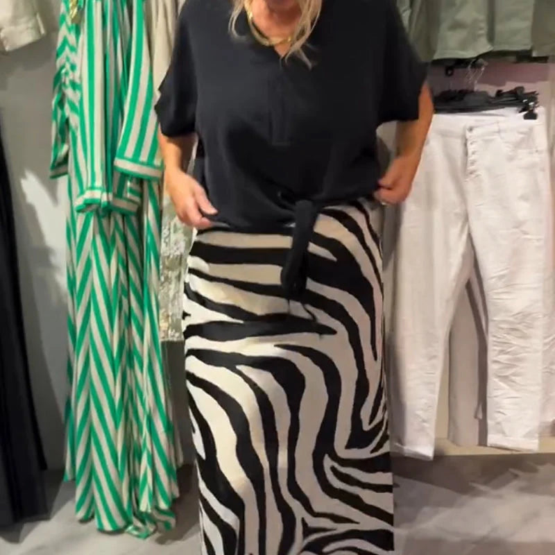 Women's Tie Front Blouse & Zebra Midi Skirt Set