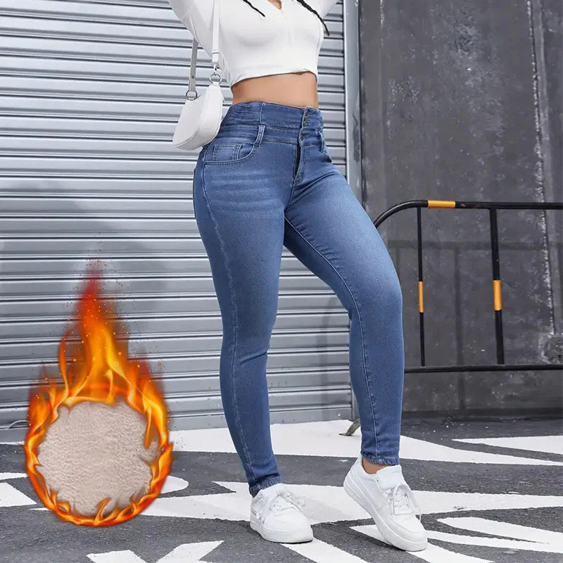 Warm and comfortable women's denim pants with fleece lining