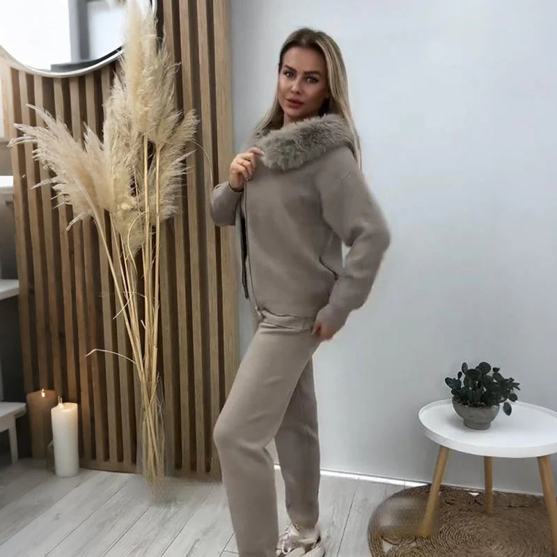 Women’s Plush Collar Zip-Up Hoodie and Jogger Loungewear Set