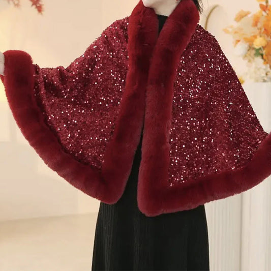Women’s Sequined Faux Fur Trim Evening Shawl Wrap