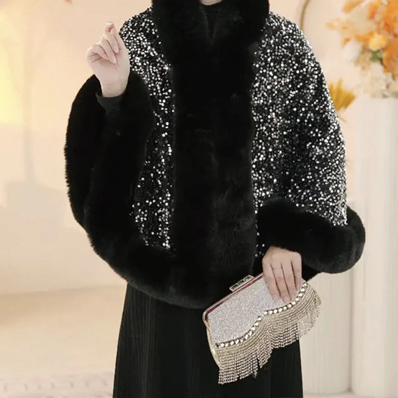 Women’s Sequined Faux Fur Trim Evening Shawl Wrap