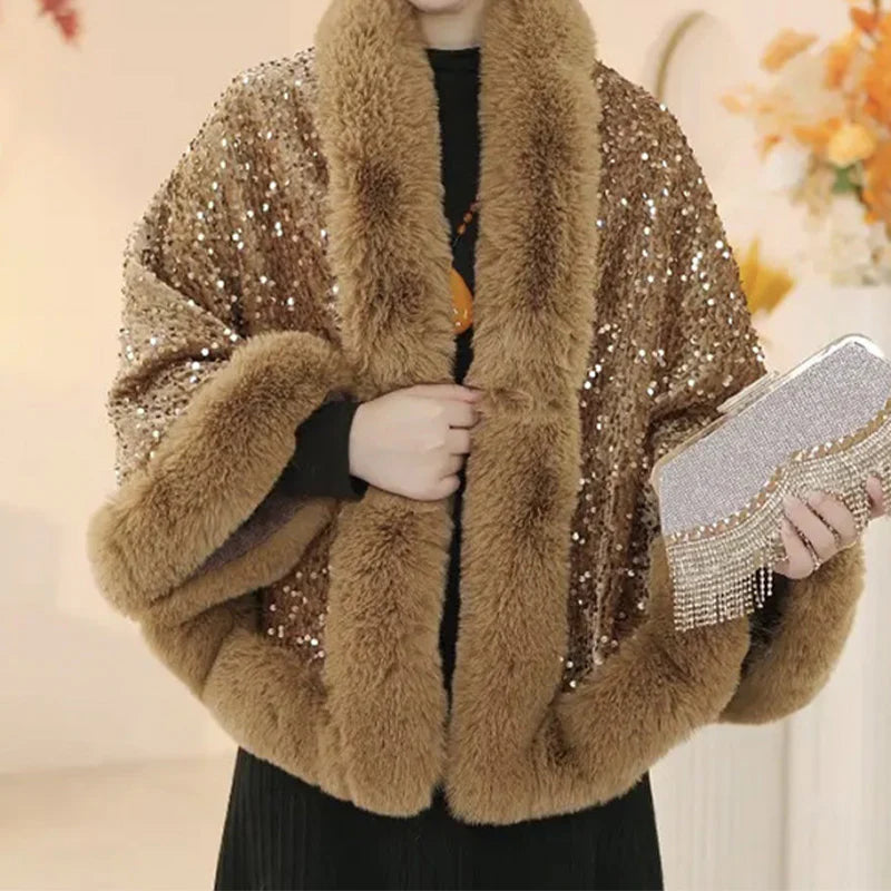 Women’s Sequined Faux Fur Trim Evening Shawl Wrap
