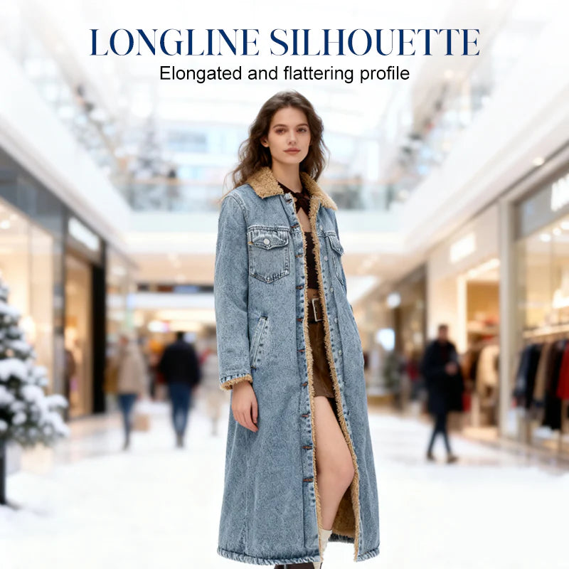 Women’s Warm-Lined Longline Denim Coat with Turn-Down Collar