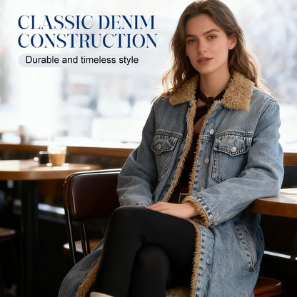 Women’s Warm-Lined Longline Denim Coat with Turn-Down Collar