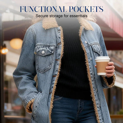 Women’s Warm-Lined Longline Denim Coat with Turn-Down Collar