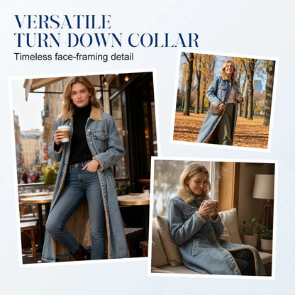 Women’s Warm-Lined Longline Denim Coat with Turn-Down Collar