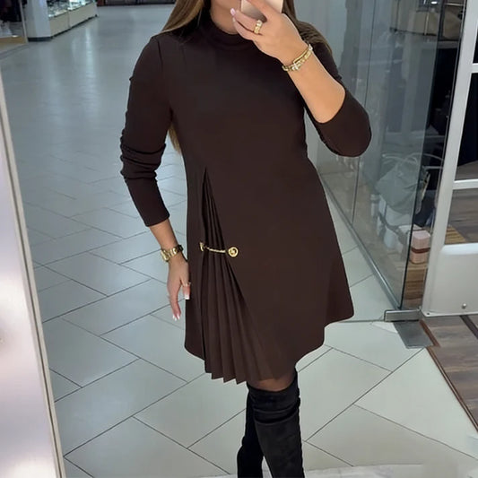 Elegant Long Sleeve Pleated Panel Dress