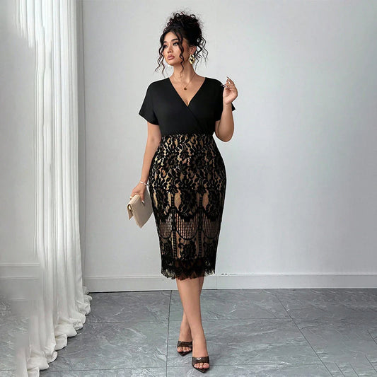 Women’s Lace Detail V-Neck Midi Dress