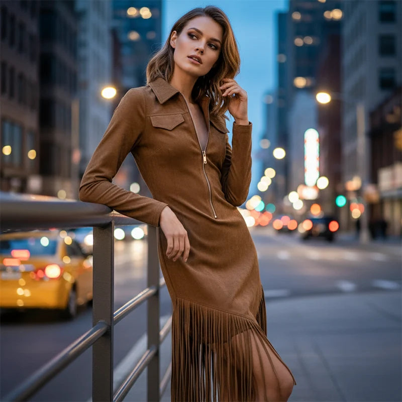 Women's Zip Front Fringe Midi Dress