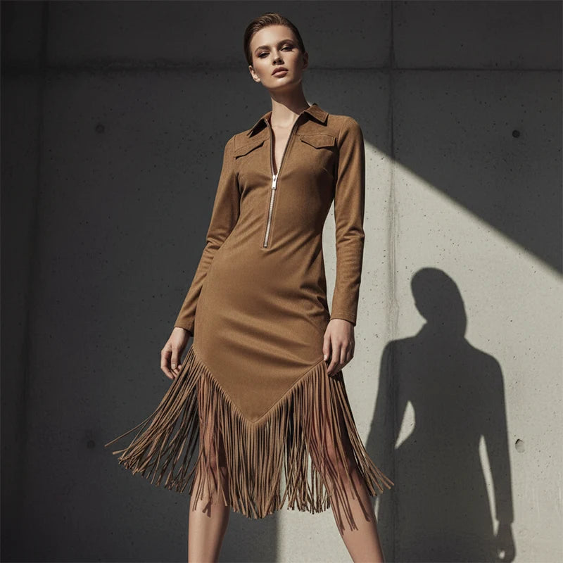 Women's Zip Front Fringe Midi Dress