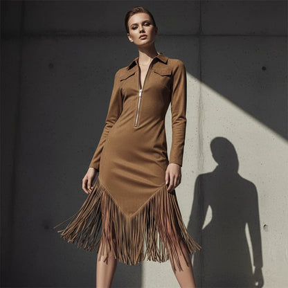Women's Zip Front Fringe Midi Dress