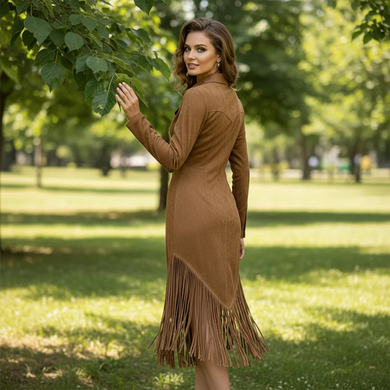 Women's Zip Front Fringe Midi Dress