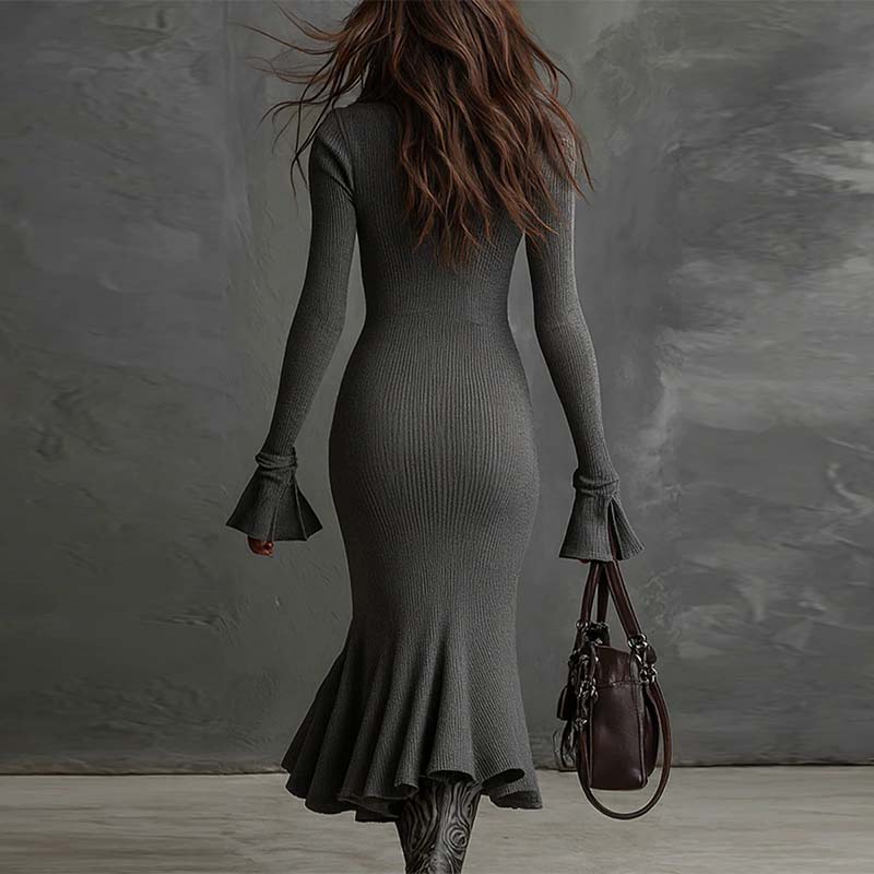 Women’s Zip Collar Flare Sleeve Fishtail Knit Dress