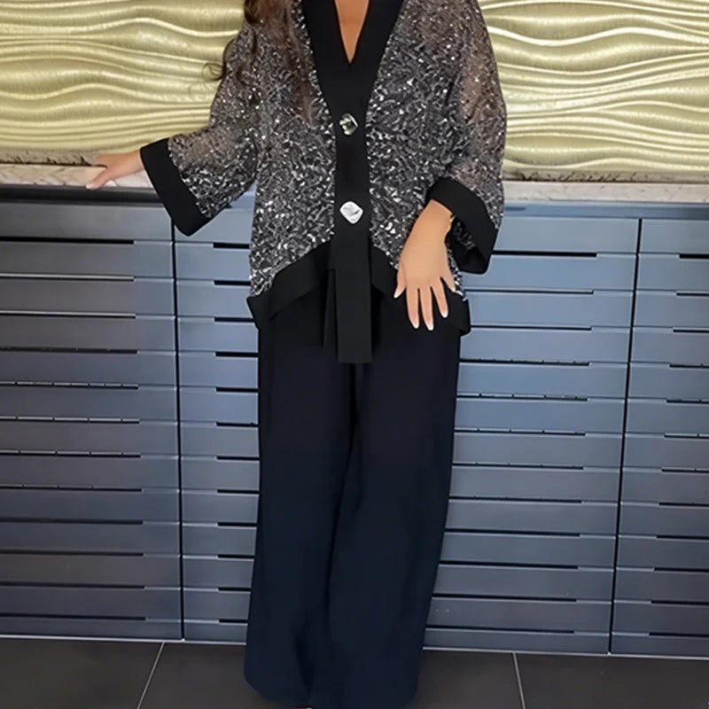 Women’s Sequin V-Neck Cardigan and Wide-Leg Trousers Set