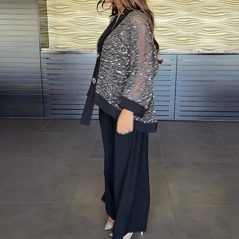 Women’s Sequin V-Neck Cardigan and Wide-Leg Trousers Set