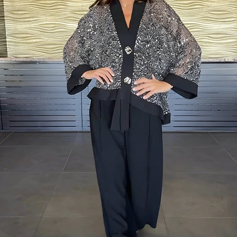 Women’s Sequin V-Neck Cardigan and Wide-Leg Trousers Set