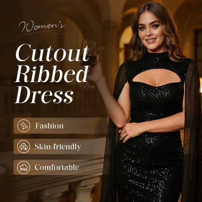 Women’s Ribbed Cutout Bodycon Dress with Split Chiffon Cape Sleeves