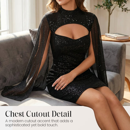 Women’s Ribbed Cutout Bodycon Dress with Split Chiffon Cape Sleeves