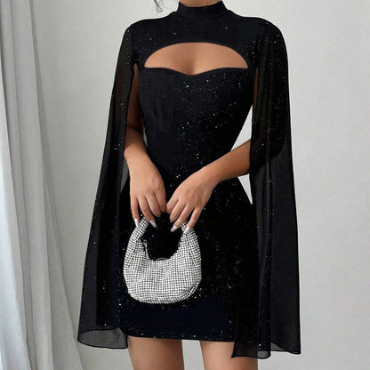 Women’s Ribbed Cutout Bodycon Dress with Split Chiffon Cape Sleeves
