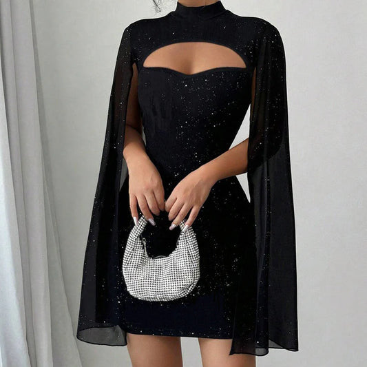 Women’s Ribbed Cutout Bodycon Dress with Split Chiffon Cape Sleeves