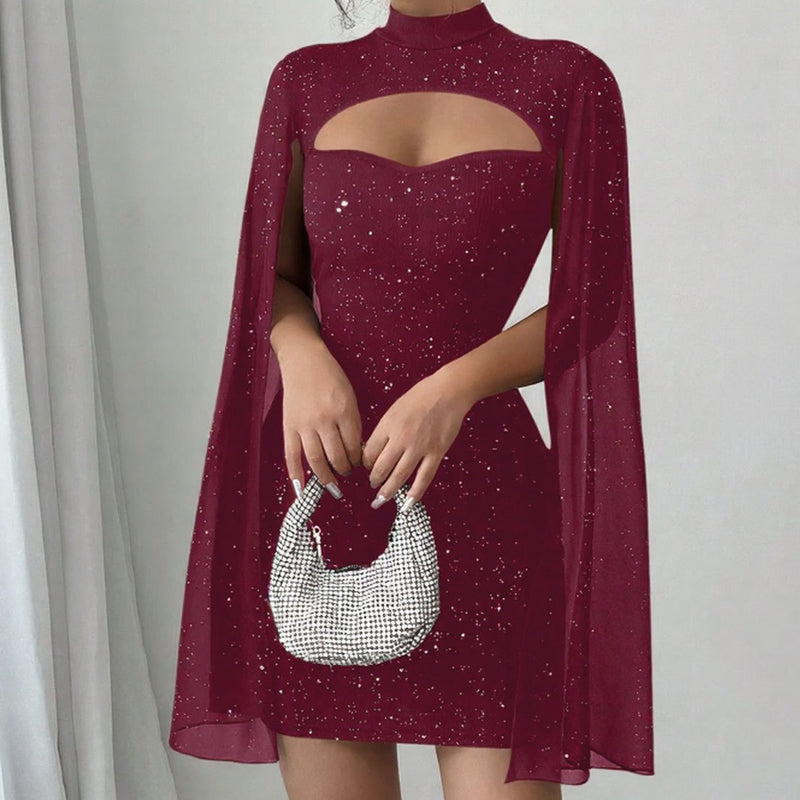 Women’s Ribbed Cutout Bodycon Dress with Split Chiffon Cape Sleeves