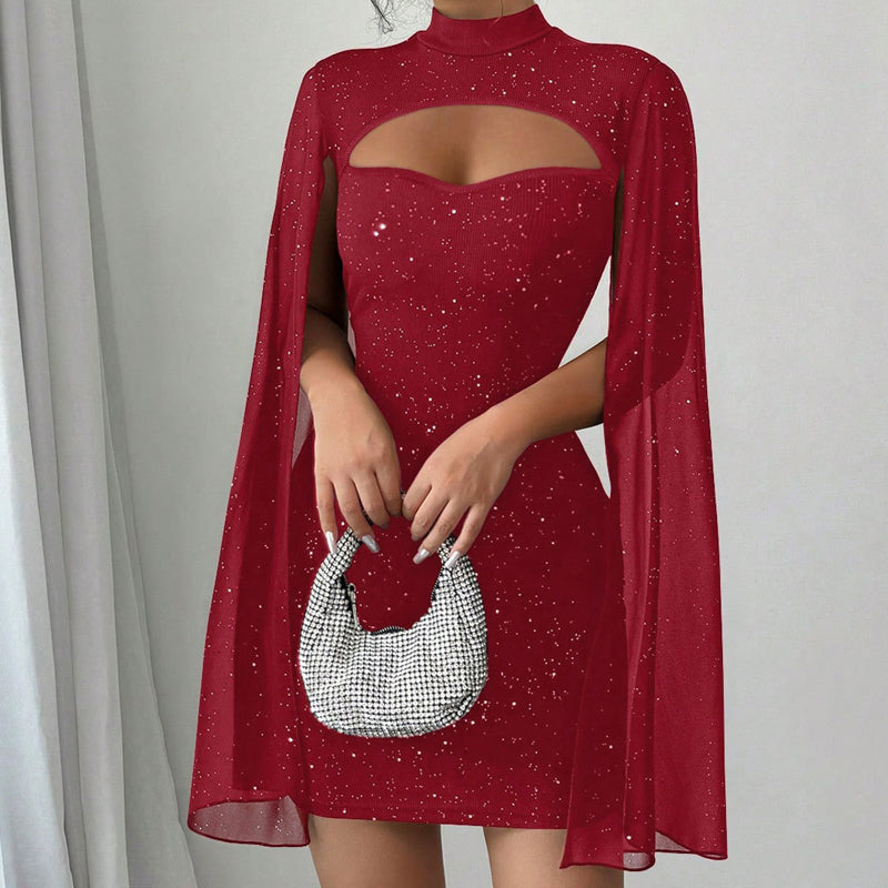 Women’s Ribbed Cutout Bodycon Dress with Split Chiffon Cape Sleeves