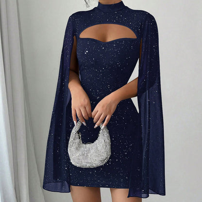 Women’s Ribbed Cutout Bodycon Dress with Split Chiffon Cape Sleeves