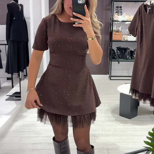 Women’s Rhinestone Detail Lace Hem Mini Dress