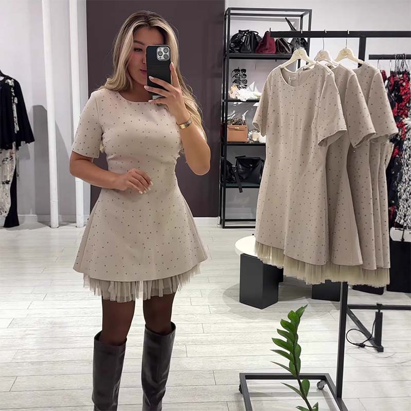 Women’s Rhinestone Detail Lace Hem Mini Dress