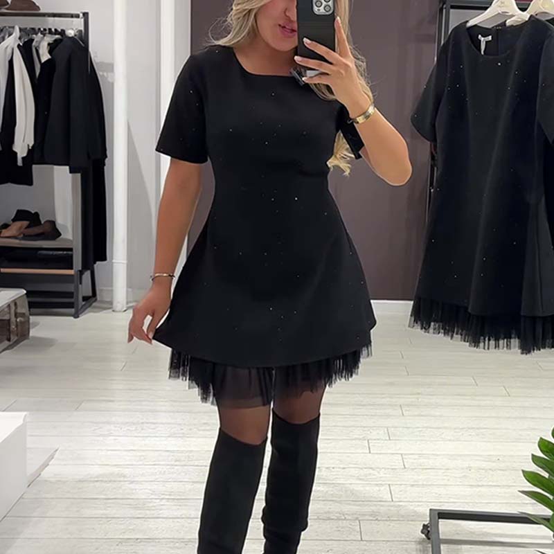 Women’s Rhinestone Detail Lace Hem Mini Dress