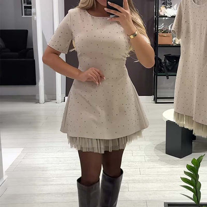 Women’s Rhinestone Detail Lace Hem Mini Dress