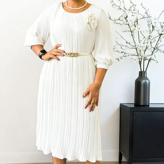 Women’s 3/4 Sleeve Pleated Midi Dress with Waist Tie