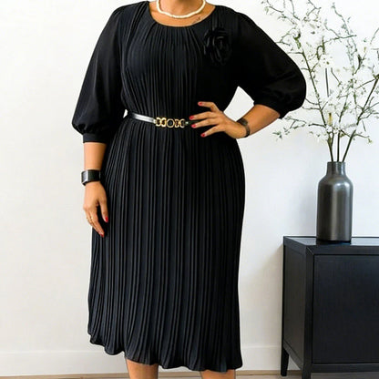 Women’s 3/4 Sleeve Pleated Midi Dress with Waist Tie