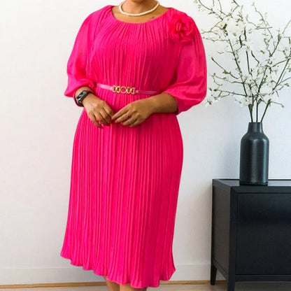 Women’s 3/4 Sleeve Pleated Midi Dress with Waist Tie