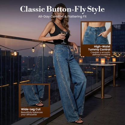 Women’s Rhinestone Detailed High Waist Wide Leg Jeans