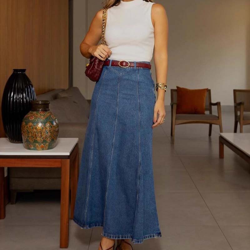 Women’s High Waist A-Line Denim Maxi Skirt