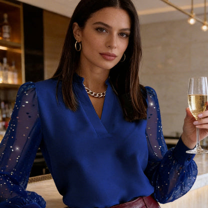 Women’s Elegant V-Neck Sheer Sequin Sleeve Blouse