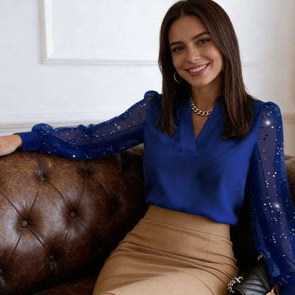 Women’s Elegant V-Neck Sheer Sequin Sleeve Blouse