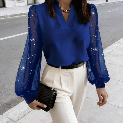 Women’s Elegant V-Neck Sheer Sequin Sleeve Blouse
