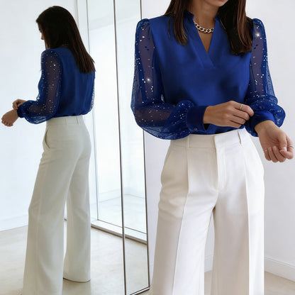 Women’s Elegant V-Neck Sheer Sequin Sleeve Blouse