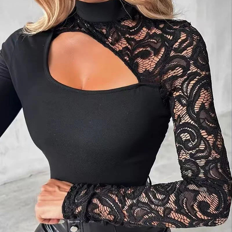 Women’s One-Sleeve Lace Cutout Slim-Fit Top