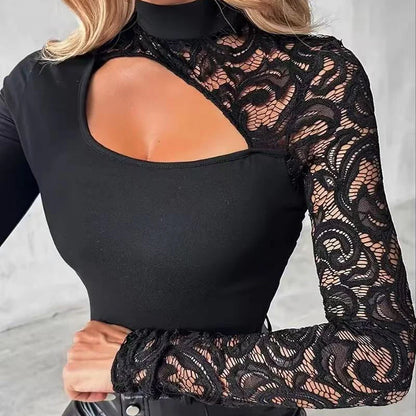 Women’s One-Sleeve Lace Cutout Slim-Fit Top