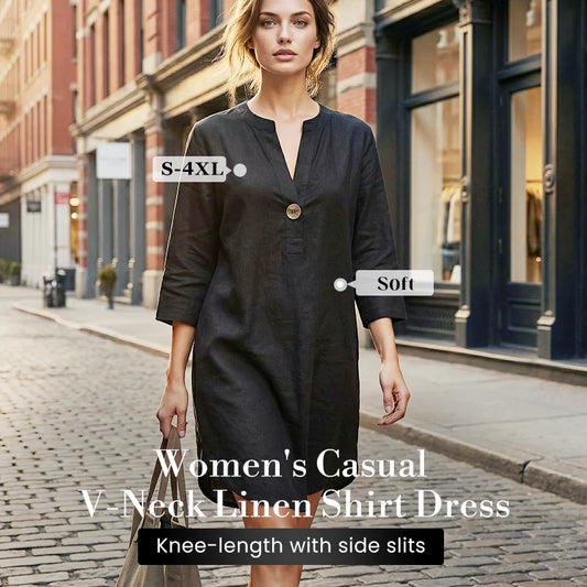 Women’s Relaxed V-Neck Linen Blend Midi Shirt Dress
